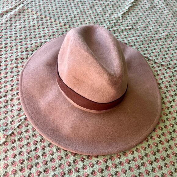Free People 100% Wool Wide Brim Fedora Rancher Hat Tan Brown EUC - Picture 2 of 8